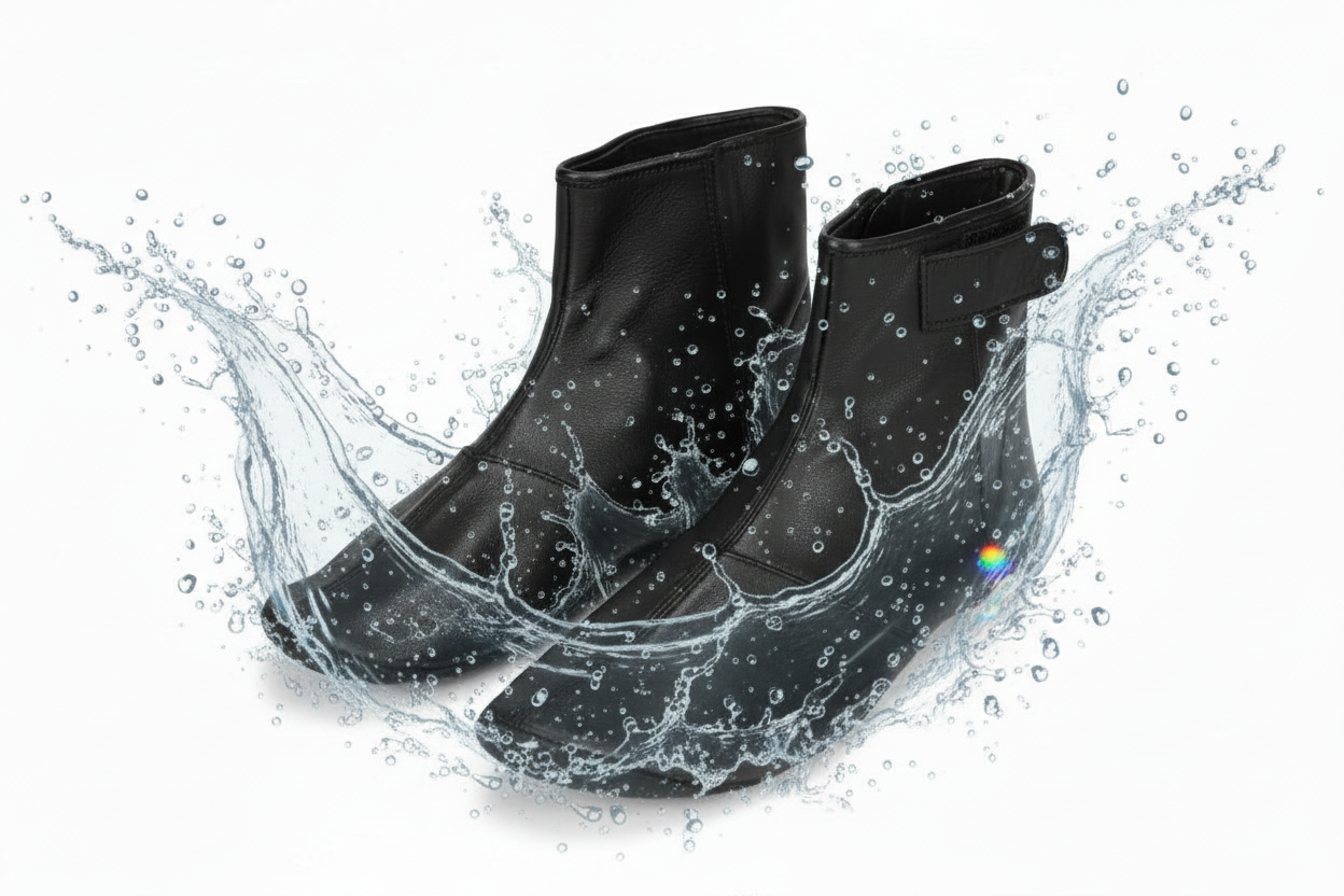 Pair of black leather ankle boots on a white background