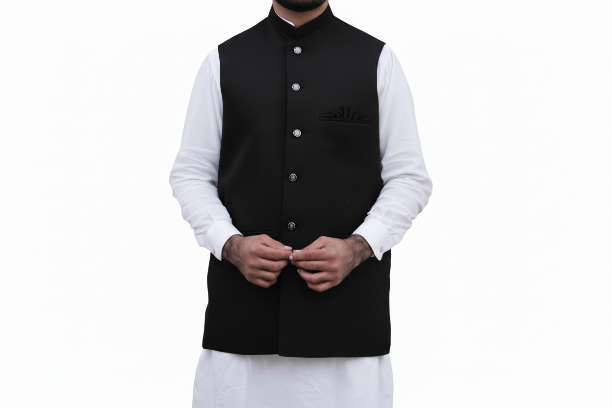 Man wearing a black vest over a white shirt on a white background