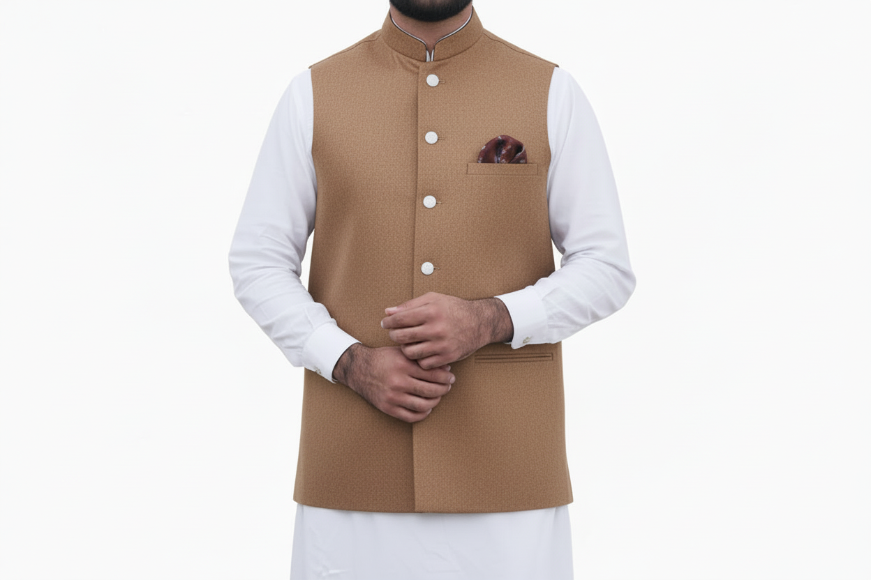 Man wearing a brown vest over a white shirt on a white background