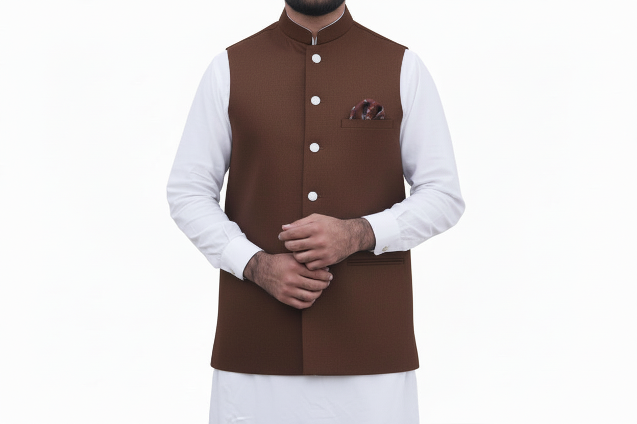 Man wearing a brown vest over a white shirt on a white background