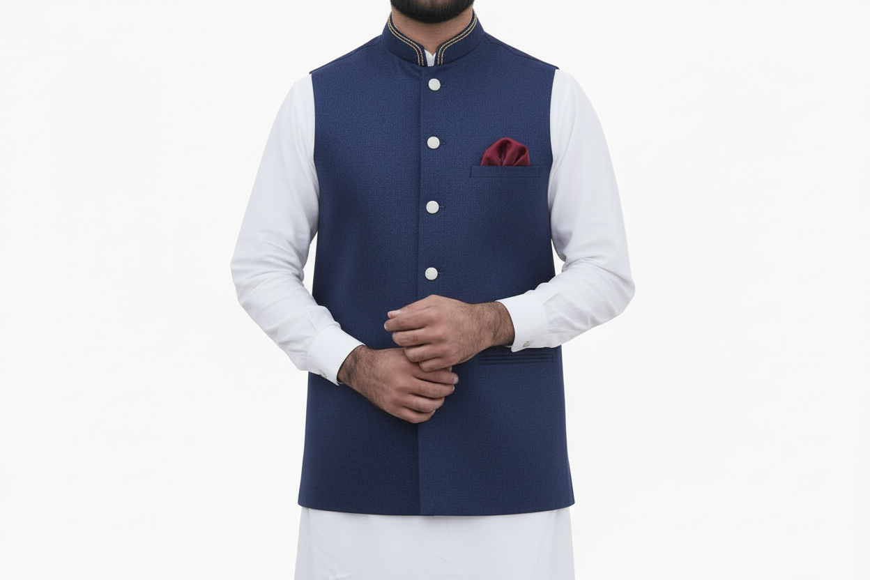 Man wearing a navy blue vest over a white shirt with a white background