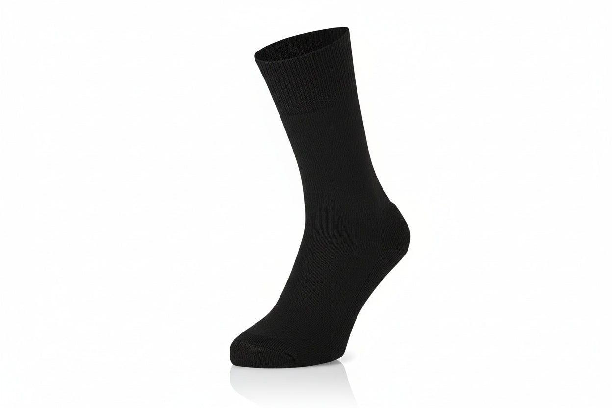 Black sock with water splash and product features text on a white background