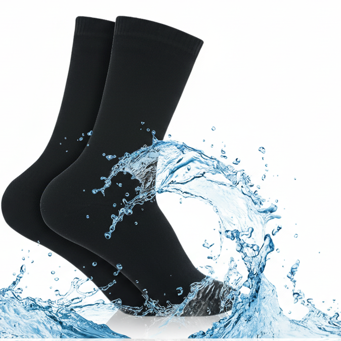 Black socks with water splashes on a light blue background, labeled 'WUDHU SOCKS'.