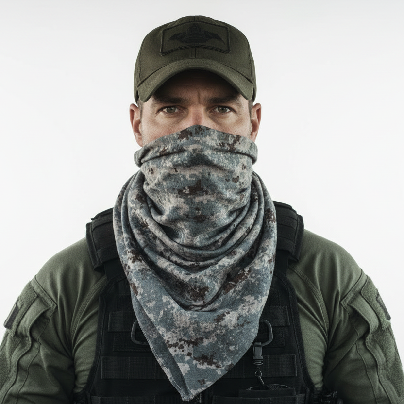 Person wearing a camouflage bandana and tactical gear inside a vehicle