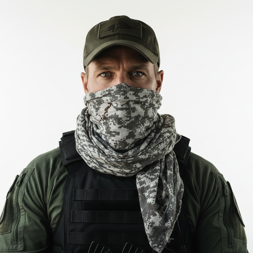Person wearing a camouflage scarf and green cap inside a helicopter cockpit.
