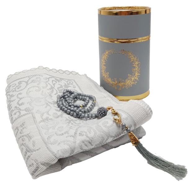 Kaaba Design Gift Boxed Portable Prayer Rug and Islamic Beads Elegant Gift Pack | Islamic Gifts | Taj Company (Black)