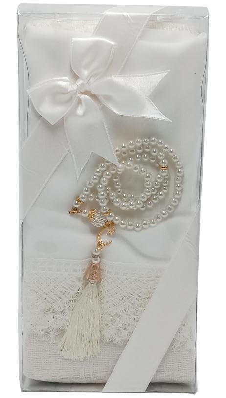 Muslim Prayer Rug + Pearl Tasbeeh Beads and Scarf -Islamic Gift Set (7x11) Inch (BLACK)