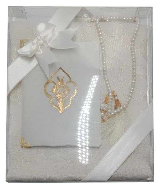 Muslim Prayer Rug and Islamic Sura + Prayer Beads Elegant Gift Pack (9x11) Inch | Soft Islamic Prayer Mat | Islamic Gift Set | Taj Company (BLACK)