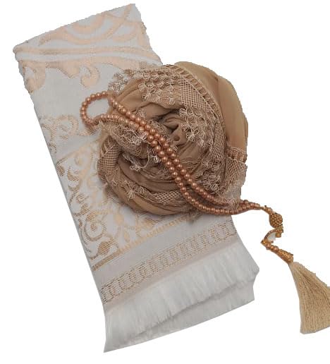 Muslim Prayer Rug + Pearl Tasbeeh Beads and Scarf -Islamic Gift Set (7x11) Inch (BLACK)