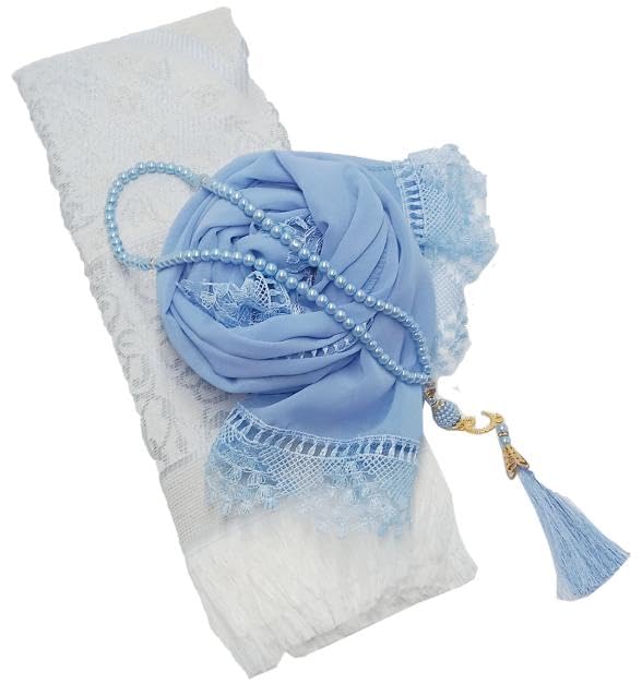 Muslim Prayer Rug + Pearl Tasbeeh Beads and Scarf -Islamic Gift Set (7x11) Inch (BLACK)