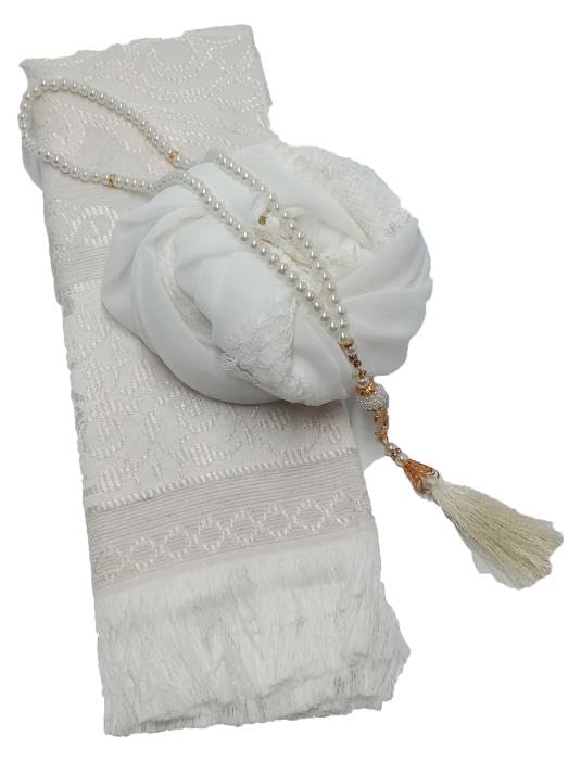 Muslim Prayer Rug + Pearl Tasbeeh Beads and Scarf -Islamic Gift Set (7x11) Inch (BLACK)