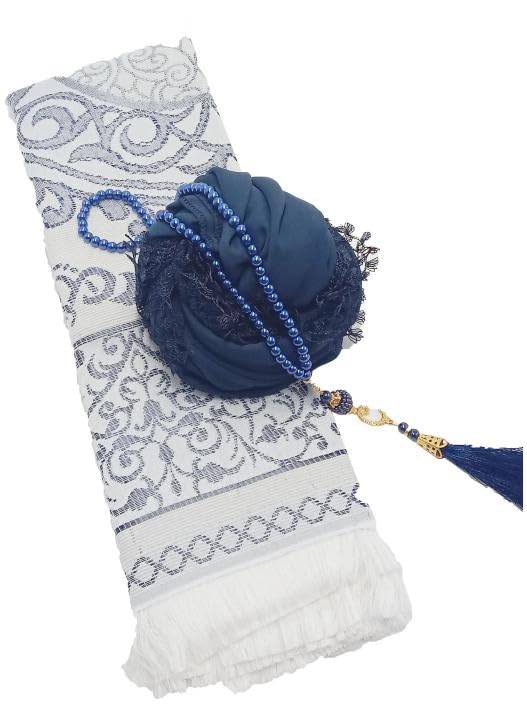 Muslim Prayer Rug + Pearl Tasbeeh Beads and Scarf -Islamic Gift Set (7x11) Inch (BLACK)