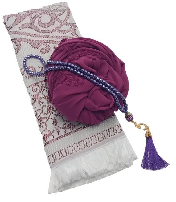 Muslim Prayer Rug + Pearl Tasbeeh Beads and Scarf -Islamic Gift Set (7x11) Inch (BLACK)