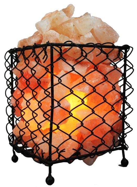 Crystal Decor Iron Basket Salt Lamp with Himalayan Pink Salt Chunks 100% Natural (Cube)