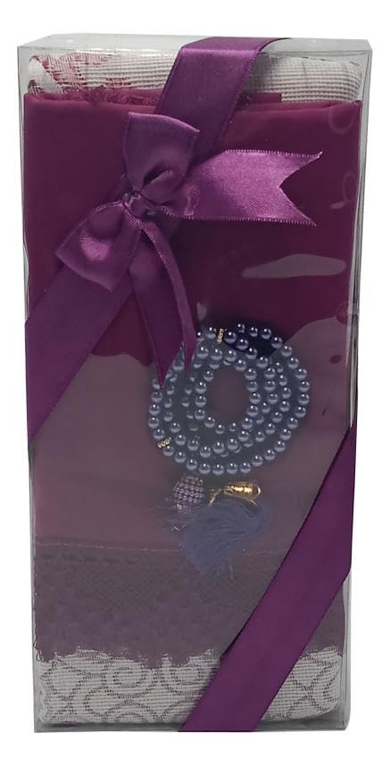 Muslim Prayer Rug + Pearl Tasbeeh Beads and Scarf -Islamic Gift Set (7x11) Inch (BLACK)