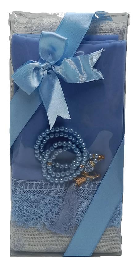 Muslim Prayer Rug + Pearl Tasbeeh Beads and Scarf -Islamic Gift Set (7x11) Inch (BLACK)