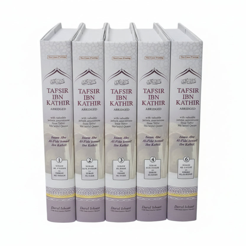 Six hardback volumes of Tafsir Ibn Kathir on a bookshelf, with silver and gold accents on the spines.