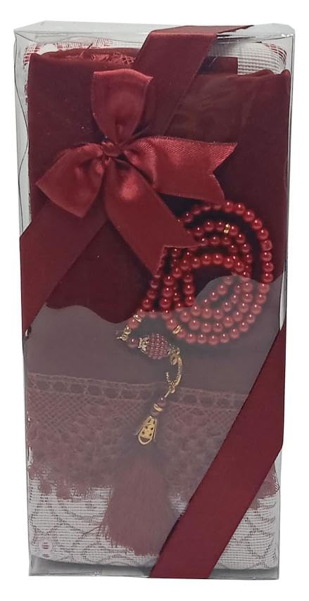 Muslim Prayer Rug + Pearl Tasbeeh Beads and Scarf -Islamic Gift Set (7x11) Inch (BLACK)