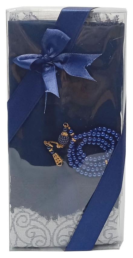 Muslim Prayer Rug + Pearl Tasbeeh Beads and Scarf -Islamic Gift Set (7x11) Inch (BLACK)