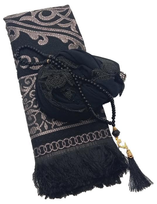 Muslim Prayer Rug + Pearl Tasbeeh Beads and Scarf -Islamic Gift Set (7x11) Inch (BLACK)