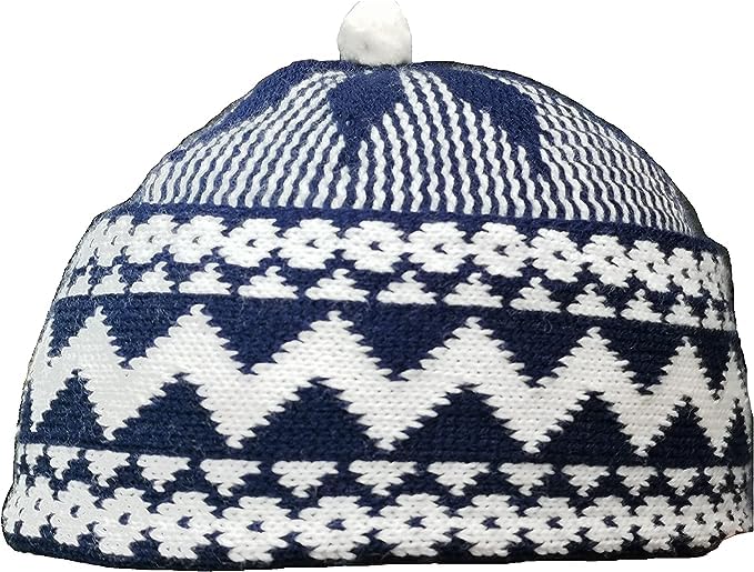 Smart Splash Men's Zigzag Haji Cap | Kufi All Season Muslim Prayer Topi Beanie Hat Crown with White Ball | Stretchable One Size. (Black)