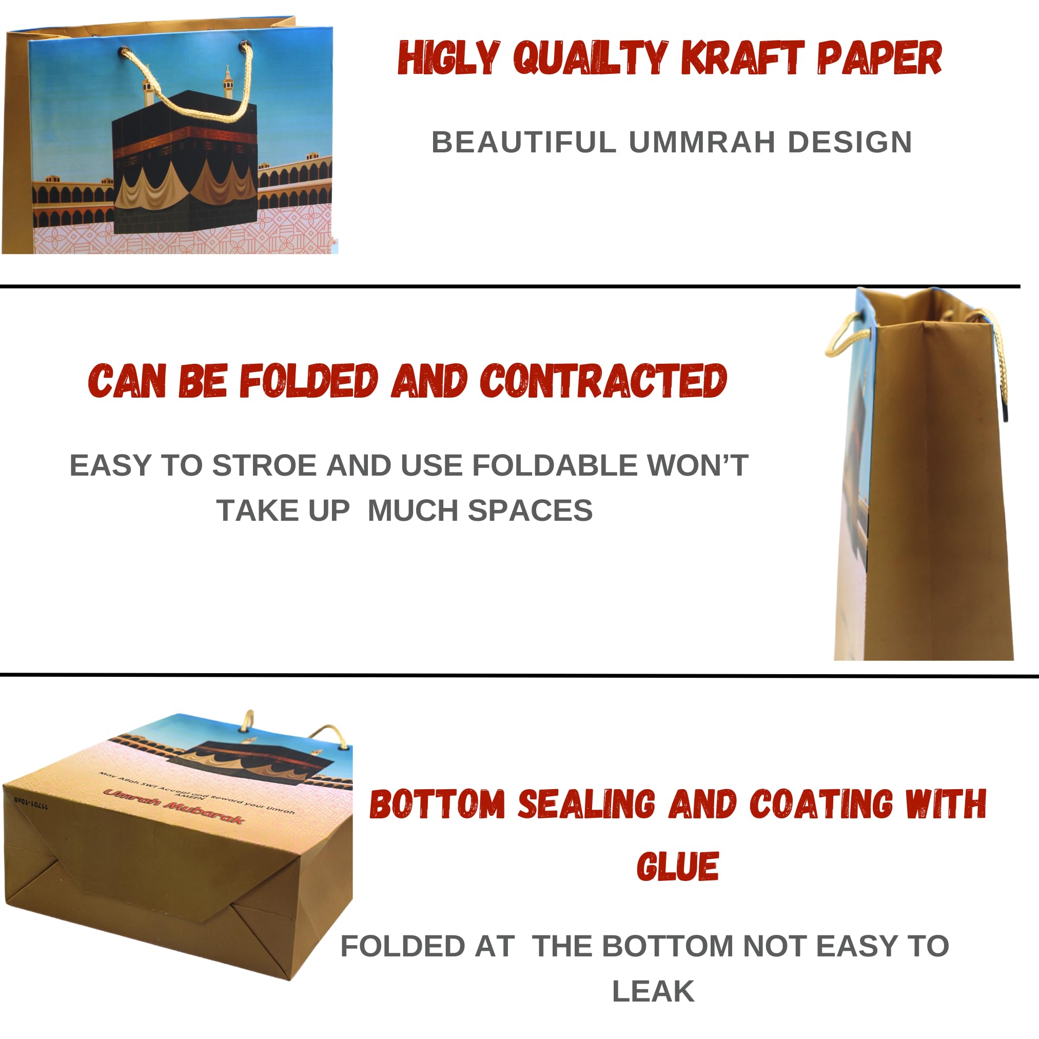 Umrah Mubarak Gift Bags with Handles – Gold Paper Party Gift Bags for Umrah Gifts