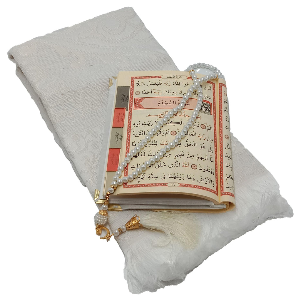 Muslim Prayer Rug and Islamic Sura + Prayer Beads Elegant Gift Pack (9x11) Inch | Soft Islamic Prayer Mat | Islamic Gift Set | Taj Company (BLACK)