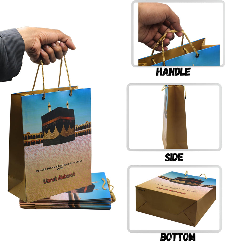 Umrah Mubarak Gift Bags with Handles – Gold Paper Party Gift Bags for Umrah Gifts