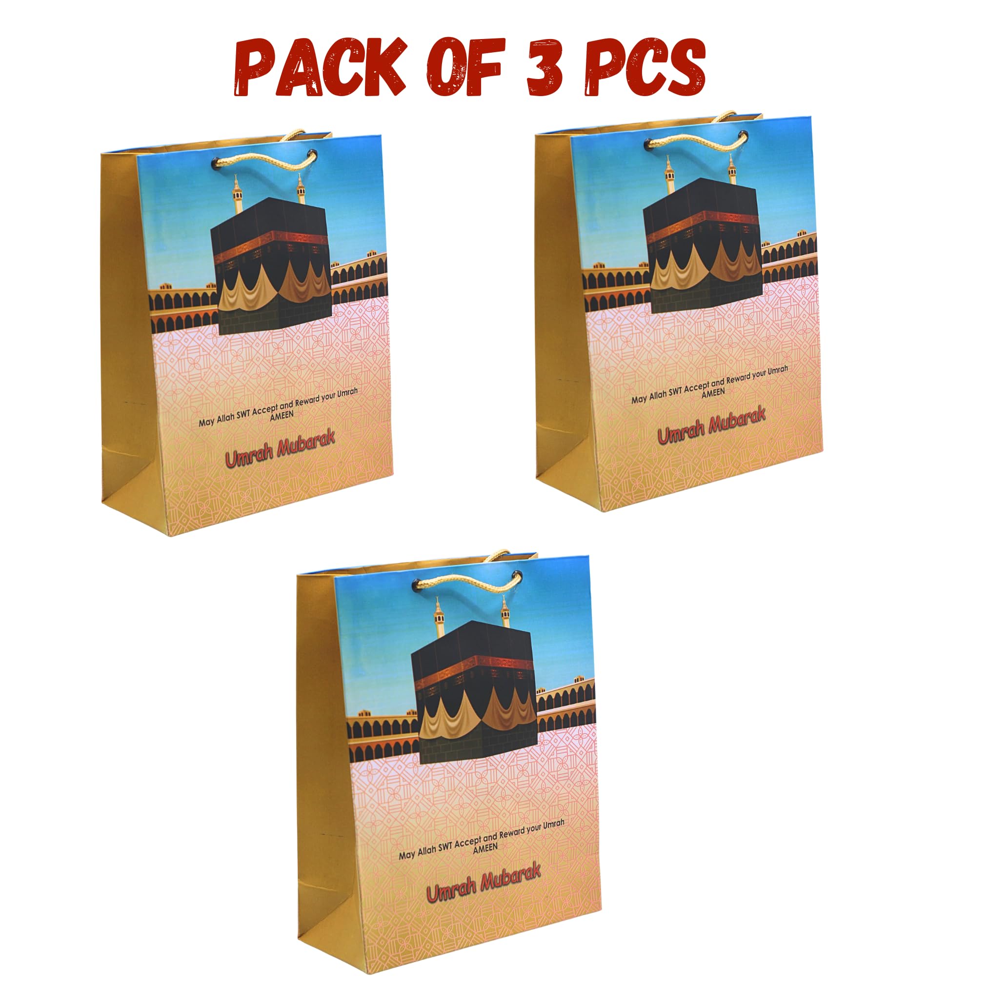 Umrah Mubarak Gift Bags with Handles – Gold Paper Party Gift Bags for Umrah Gifts