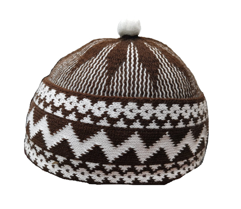 AL ITTIHAF Mens Zigzag HAJI Cap - Kufi All Season Muslim Prayer TOPI Beanie HAT Crown with White Ball - Stretchable ONE Size (Brown)